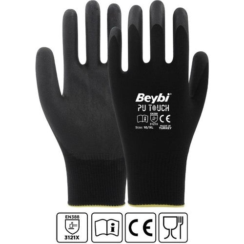 Beybi PU TOUCH Polyester Astarlı Poliüretan Kaplı Hassas Montaj Eldiveni No:8 Medium 12 Çift