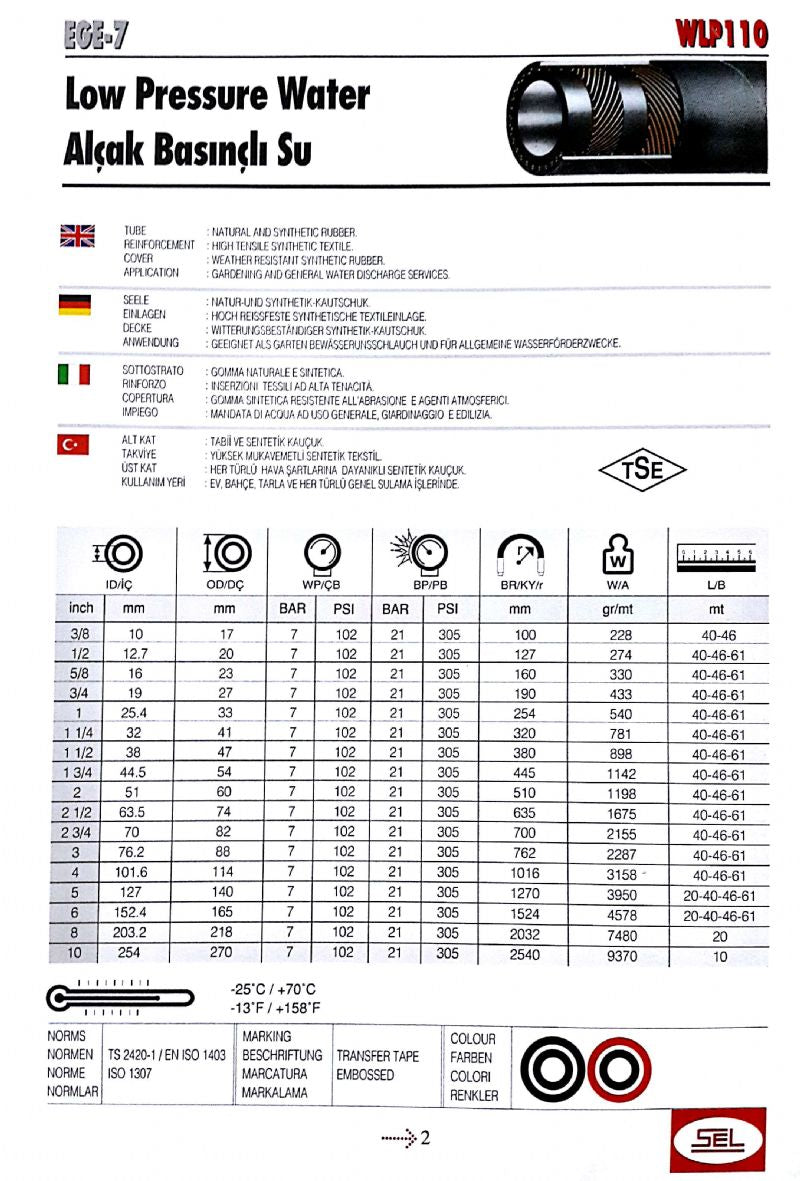 SEL EGE-6 Alçak Basınçlı Su Endüstriyel Hortumu (TS EN 1403 - TİP 1) 1" 25 mm 61 metre