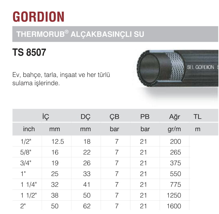 SEL GORDION Thermorub Thermo Su Hortumu TS 8507 1/2" 12.7 mm 1 metre